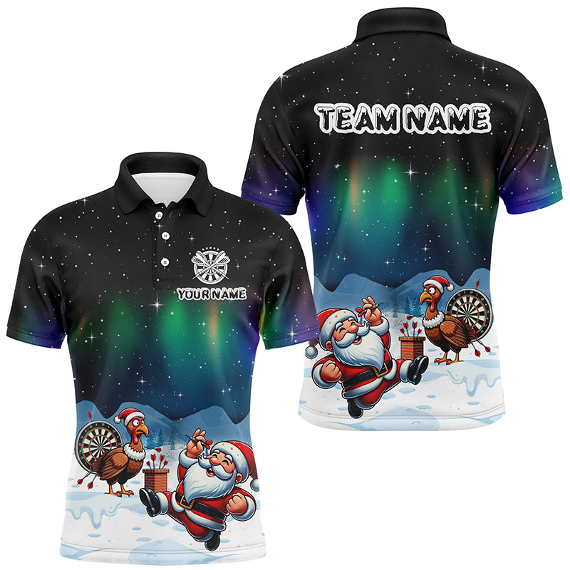 Funny Santa And Turkey Playing Darts Custom Dart Shirts For Men, Unique Christmas Dart Jerseys TDM2870