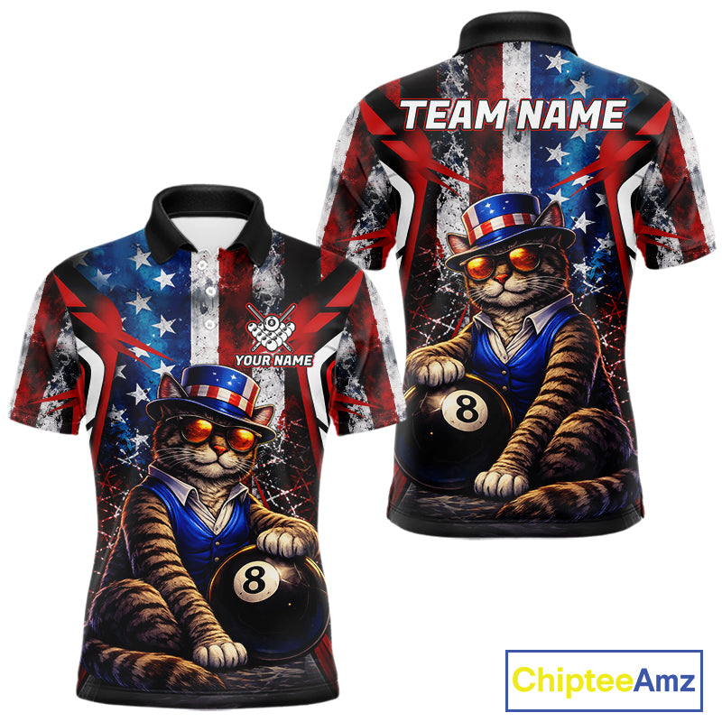 Funny Cat 8 Ball Billiard Shirt For Men Custom Vintage US Flag Pool Team Jersey Polo & 1/4 Zip TDM5983