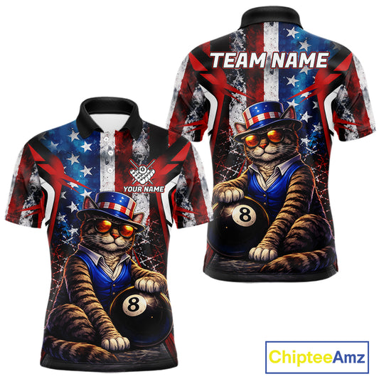 Funny Cat 8 Ball Billiard Shirt For Men Custom Vintage US Flag Pool Team Jersey Polo & 1/4 Zip TDM5983