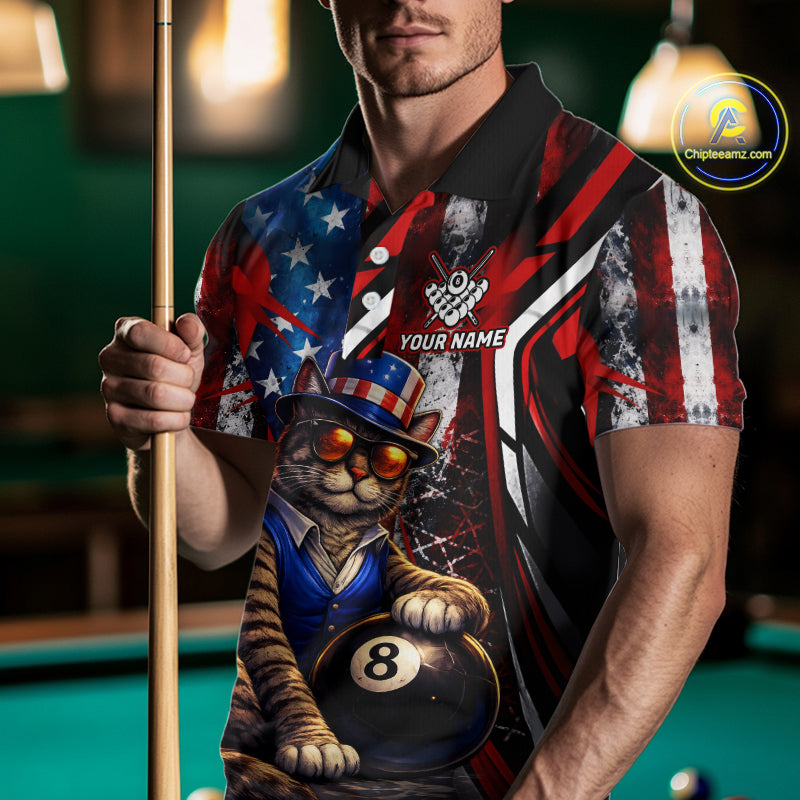 Funny Cat 8 Ball Billiard Shirt For Men Custom Vintage US Flag Pool Team Jersey Polo & 1/4 Zip TDM5983