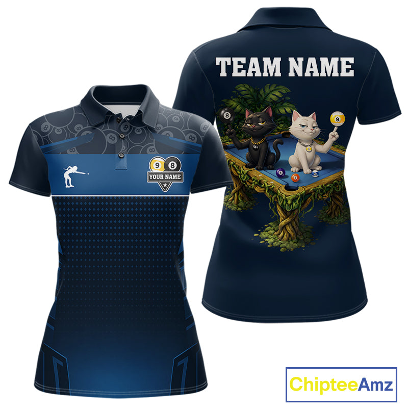 Blue Funny Cat 8 Ball & 9 Ball Billiard Shirt For Women Custom Pool Team Jersey Polo & 1/4 Zip TDM6445