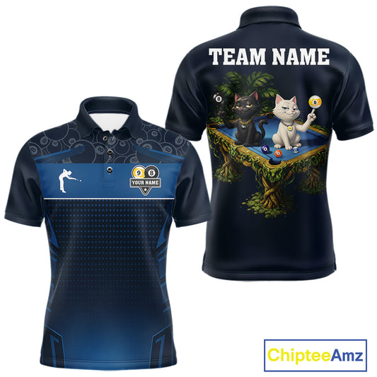 Blue Funny Cat 8 Ball & 9 Ball Billiard Shirt For Men Custom Pool Team Jersey Polo & 1/4 Zip TDM6445
