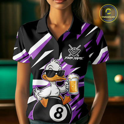Custom Purple Funny Duck 8 Ball Pool Billiard Shirt For Women, Billiard Team Jersey Polo & 1/4 Zip TDM6449