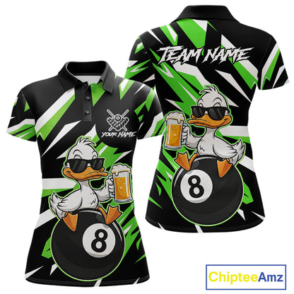 Custom Green Funny Duck 8 Ball Pool Billiard Shirt For Women, Billiard Team Jersey Polo & 1/4 Zip TDM6451