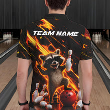 Load image into Gallery viewer, Man wearing funny raccoon flame bowling polo shirt back view.