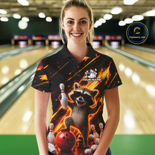 Load image into Gallery viewer, Woman wearing funny raccoon flame bowling polo shirt front view.