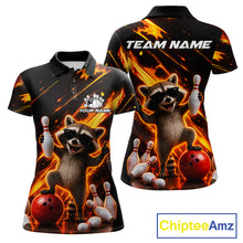 Load image into Gallery viewer, Funny raccoon flame bowling team polo shirt for women with playful raccoon artwork.