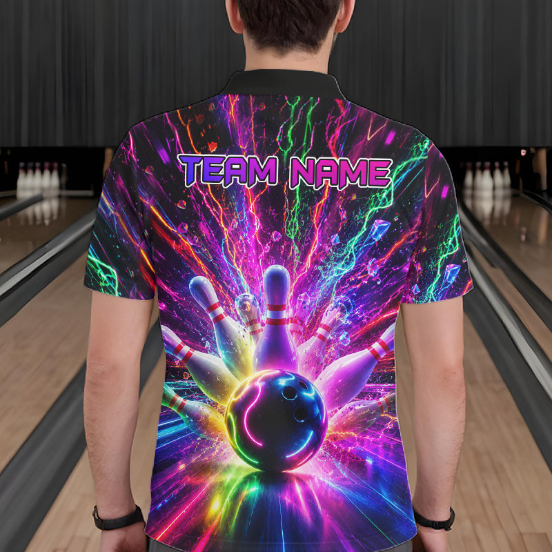 Man wearing colorful glowing bowling polo shirt back view.