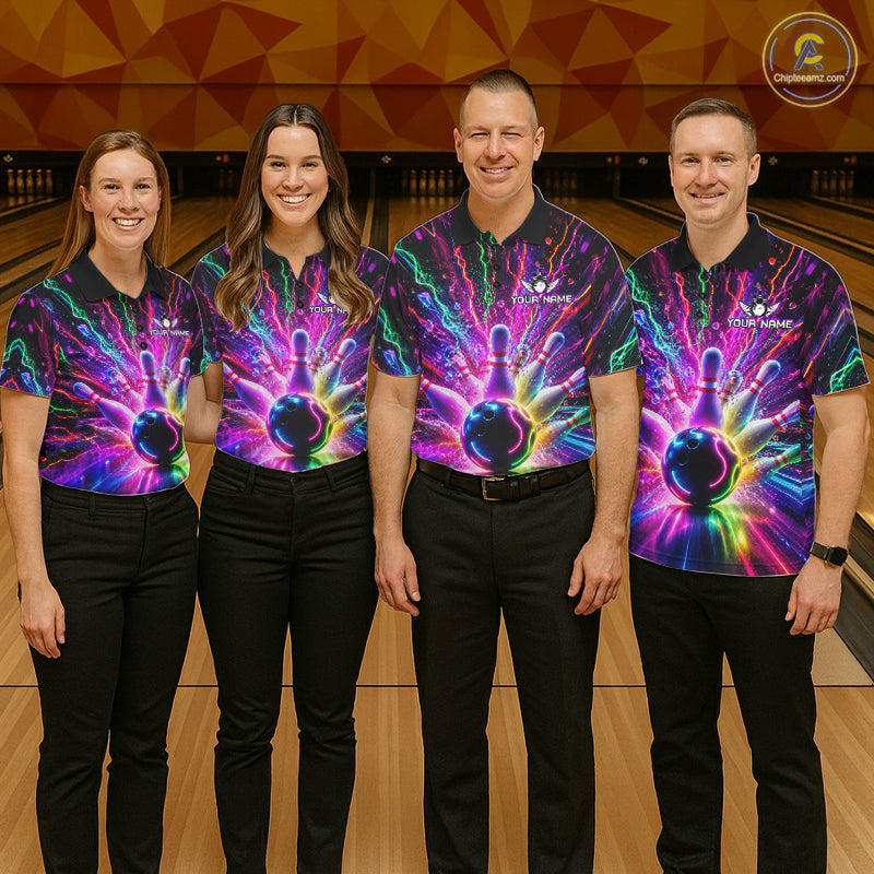 Bowling team wearing matching colorful glowing bowling jerseys front view.