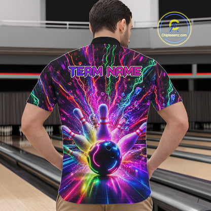 Man wearing colorful glowing bowling quarter zip shirt back view.