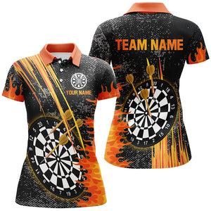 Custom Grey Grunge Orange Fire Flame Darts Shirts For Women, Darts Team Jerseys Short Sleeves TDM2635