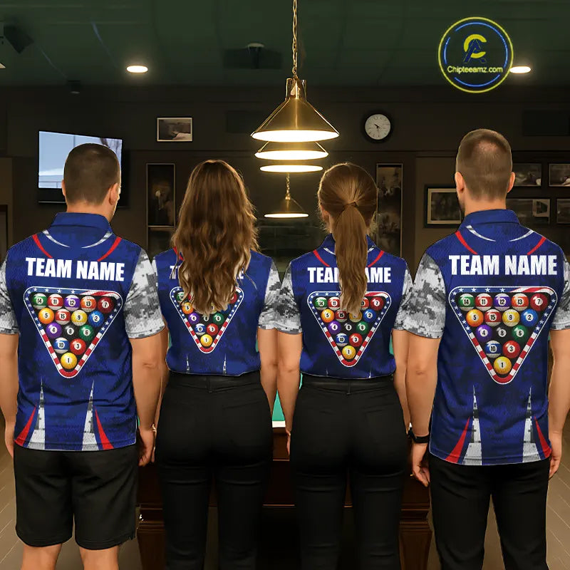 Personalized Camo American Flag Billiard Shirt For Women, Patriotic Pool Jersey Team Polo & 1/4 Zip TDM5609