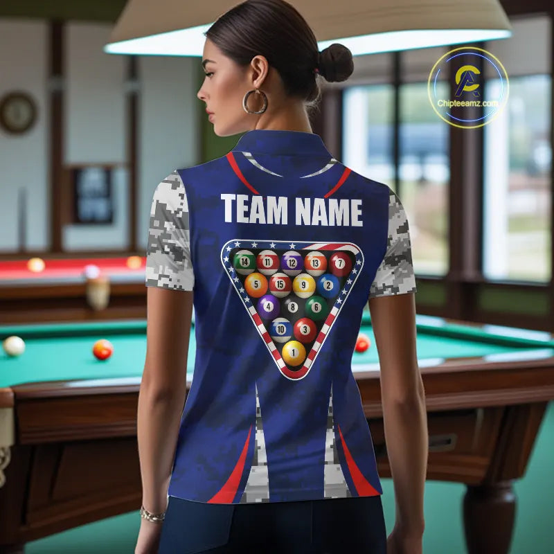 Personalized Camo American Flag Billiard Shirt For Women, Patriotic Pool Jersey Team Polo & 1/4 Zip TDM5609