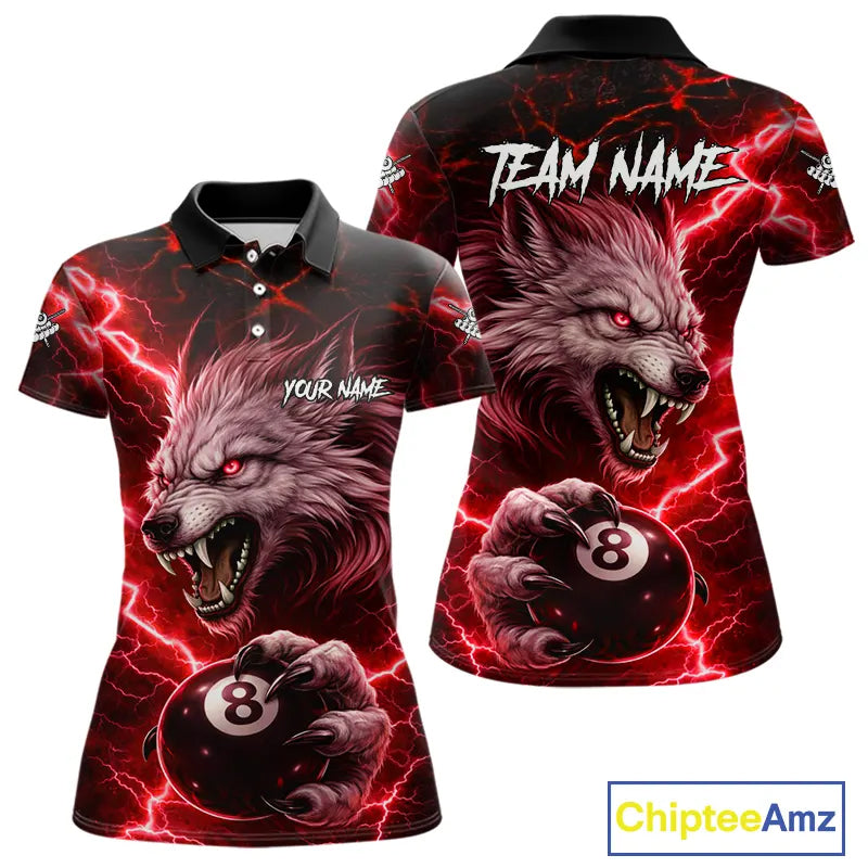 Red 8 Ball Pool Wolf Lightning Billiard Shirt For Women Custom Billiard Team Jersey Polo & 1/4 Zip TDM5614