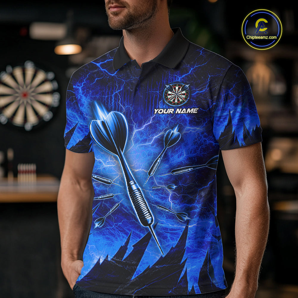 Personalized Blue Darts Polo & 1/4 Zip For Men Custom Thunder Lightning Darts Team Jersey TDM6217