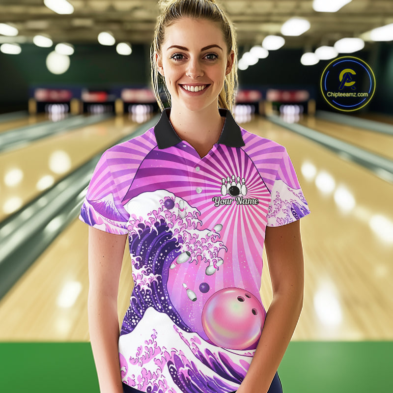 Pink And Purple Funny Waves Ocean Bowling Shirt For Women Custom Bowling Jersey Polo & 1/4 Zip TDM6224