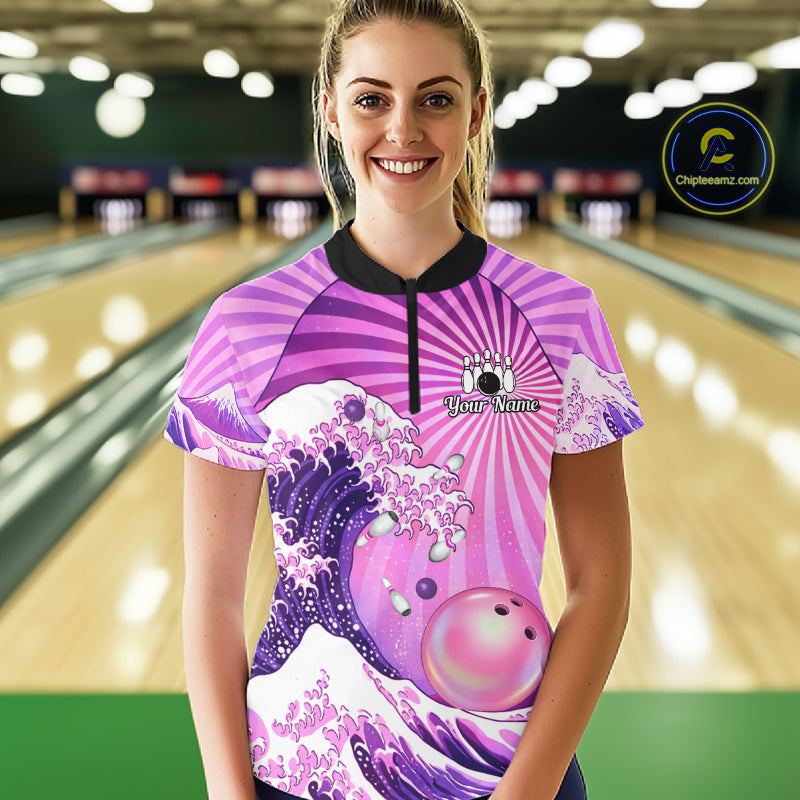 Pink And Purple Funny Waves Ocean Bowling Shirt For Women Custom Bowling Jersey Polo & 1/4 Zip TDM6224