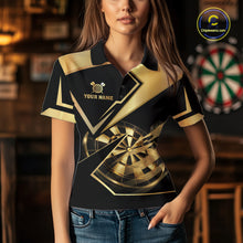 Load image into Gallery viewer, Black And Gold Darts Polo &amp; 1/4 Zip For Women Custom Darts Jersey, Darts Tournament Team Shirt TDM6226
