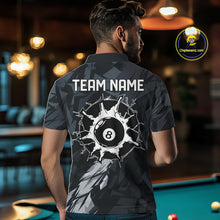 Load image into Gallery viewer, Back view of man wearing a black and grey pool team shirt in a billiards hall.