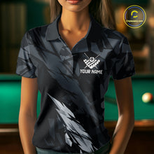 Load image into Gallery viewer, Woman wearing a black and grey billiard jersey beside a pool table front view.