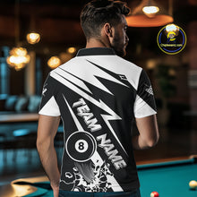 Load image into Gallery viewer, Back view of man wearing a funny 8 ball pool team shirt in a billiards hall.