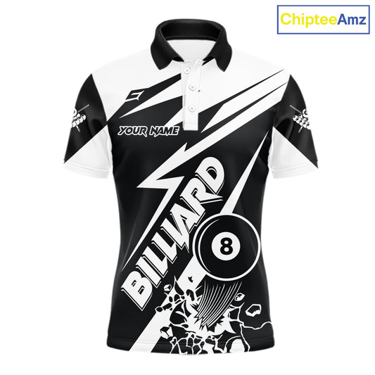 Men’s funny black and white 8 ball pool polo shirt with playful billiard team graphics.