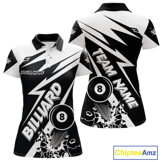 Women’s funny black and white 8 ball pool polo shirt with playful billiard team graphics.