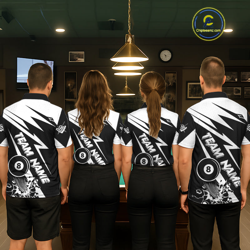 Back view of pool players wearing funny billiard shirts in a game room.