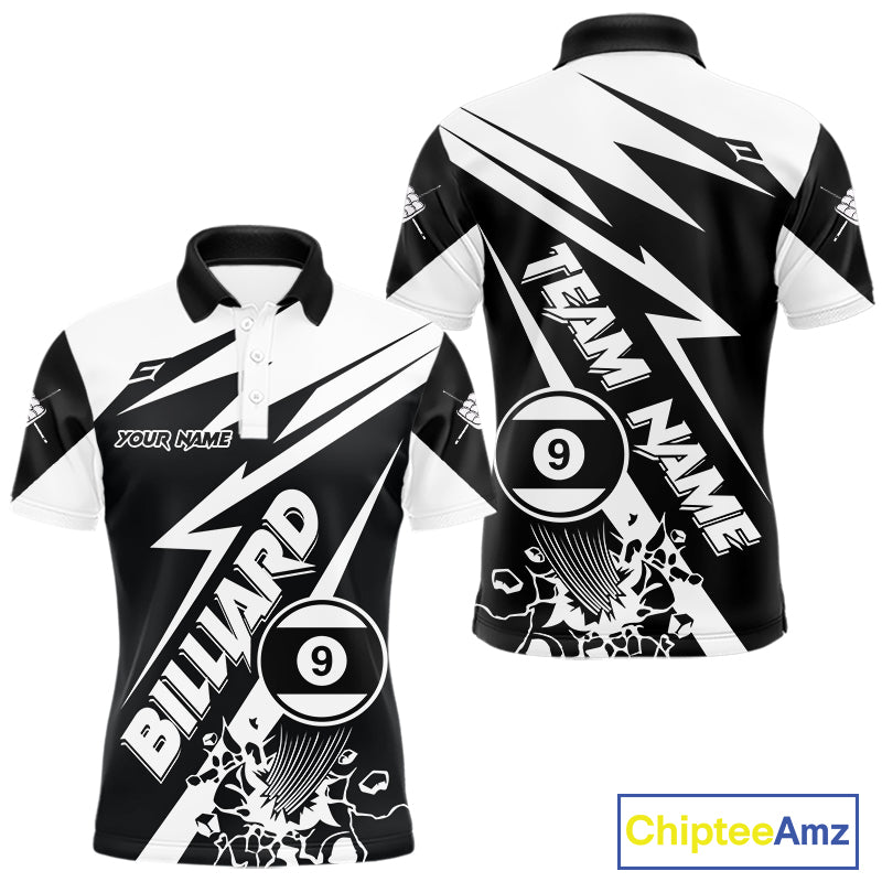 Men’s funny black and white 9 ball pool polo shirt with playful billiard team graphics.