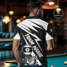 Load image into Gallery viewer, Back view of man wearing a funny 9 ball pool team shirt in a billiards hall.