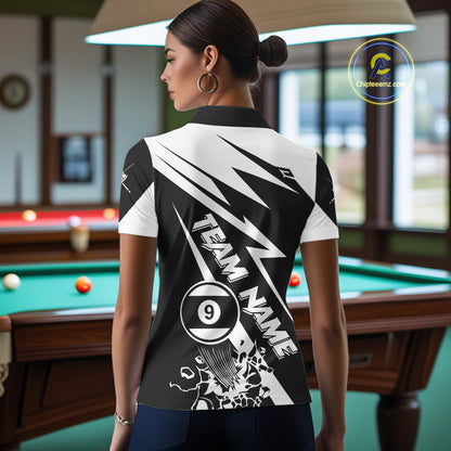 Back view of woman wearing a funny 9 ball pool team shirt in a billiards hall.