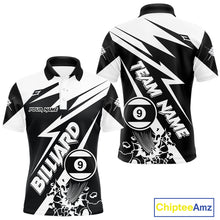 Load image into Gallery viewer, Men’s funny black and white 9 ball pool polo shirt with playful billiard team graphics.