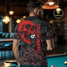 Load image into Gallery viewer, Back view of man wearing a red skull pool team shirt in a billiards hall.