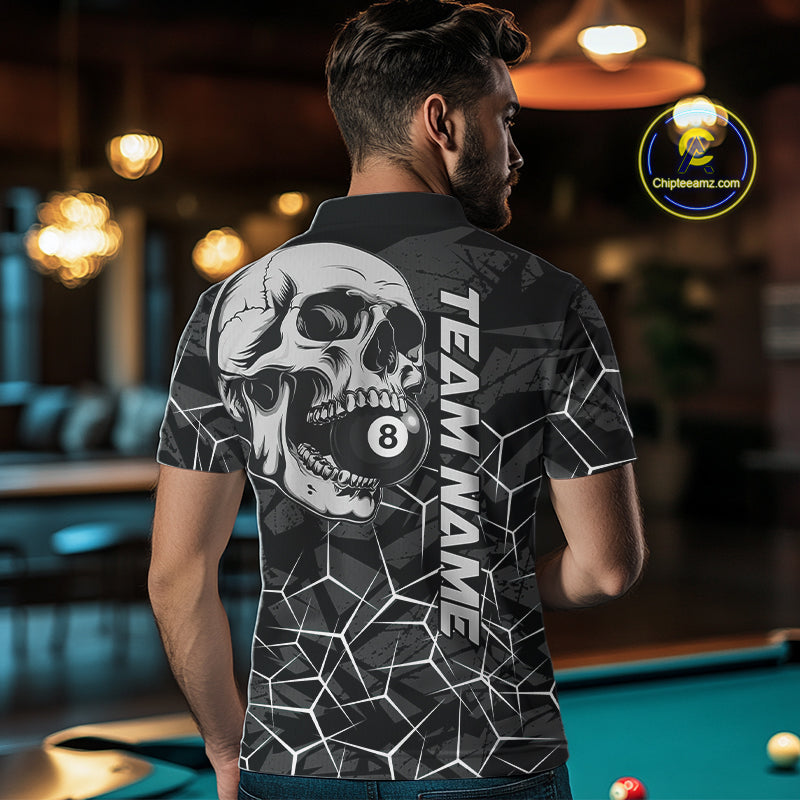 Back view of man wearing a black and white pool team shirt in a billiards hall.