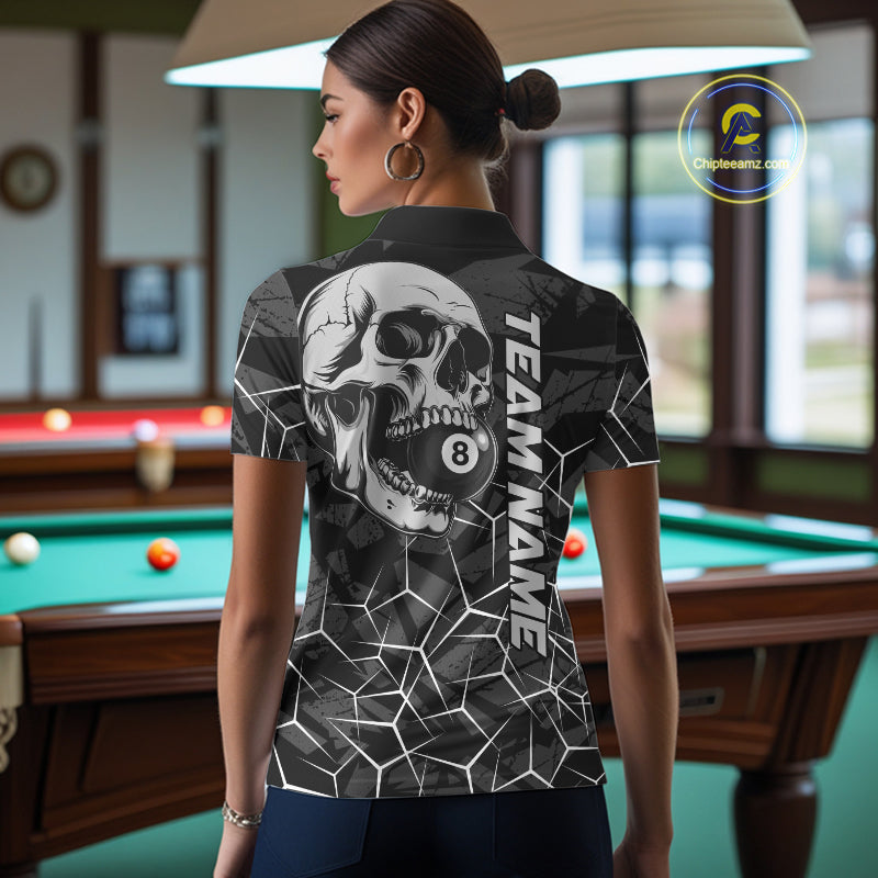 Back view of woman wearing a black and white pool team shirt in a billiards hall.