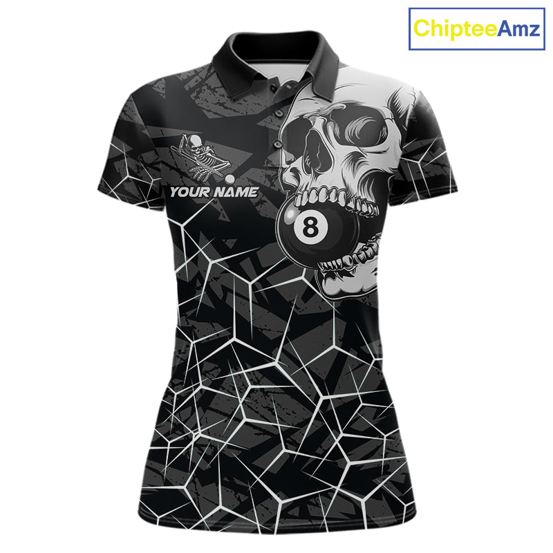 Women’s black and white 8 ball skull pool polo shirt with monochrome billiard team graphics.