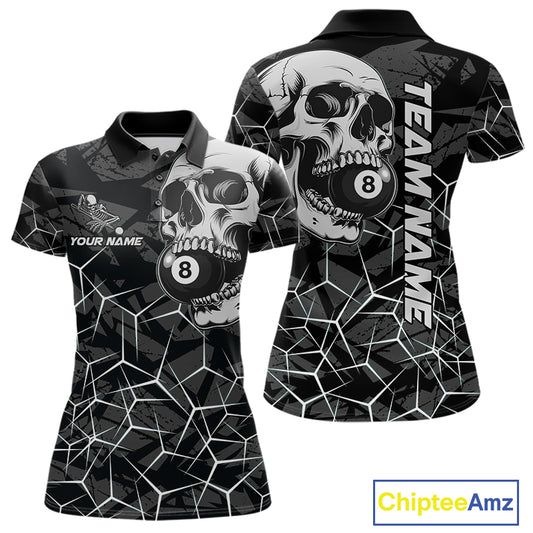 Women’s black and white 8 ball skull pool polo shirt with monochrome billiard team graphics.