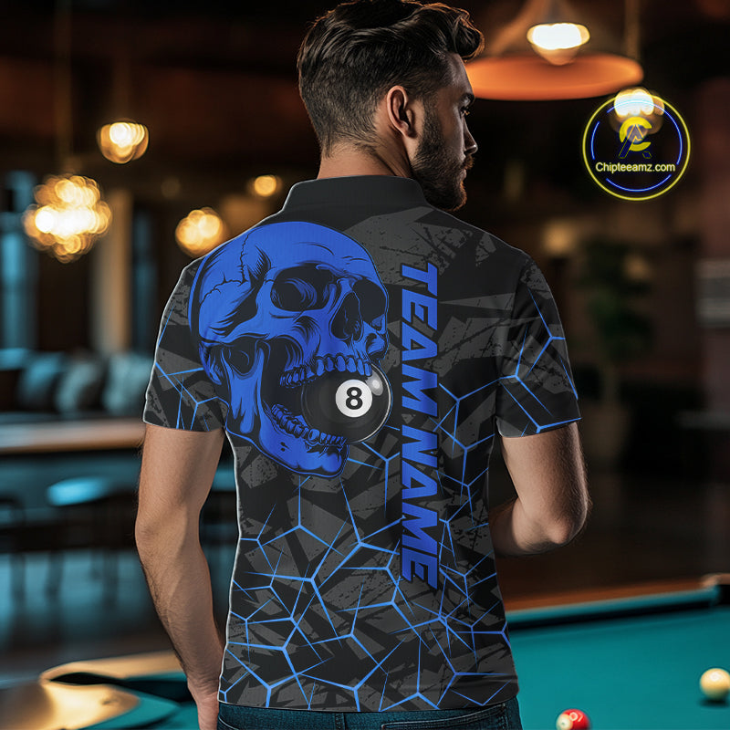 Back view of man wearing a blue skull pool team shirt in a billiards hall.