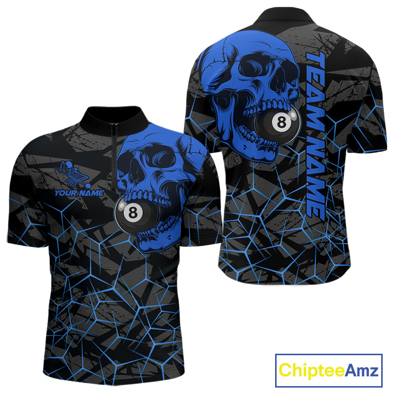 Men’s blue skull 8 ball billiard quarter zip shirt for tournaments and competitive matches.