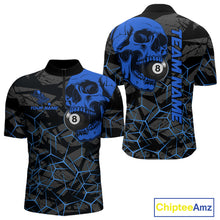 Load image into Gallery viewer, Men’s blue skull 8 ball billiard quarter zip shirt for tournaments and competitive matches.