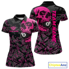 Load image into Gallery viewer, Women’s pink ribbon skull 8 ball pool polo shirt for breast cancer awareness events and league play.
