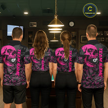 Load image into Gallery viewer, Back view of pool players wearing breast cancer awareness billiard shirts in a game room.