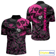 Load image into Gallery viewer, Men’s pink ribbon skull billiard quarter zip shirt designed for tournaments and awareness team matches.