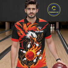 Load image into Gallery viewer, Man wearing black and orange flame eagle bowling polo shirt front view.