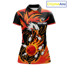 Load image into Gallery viewer, Black and orange flame eagle bowling team polo shirt for women.