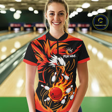 Load image into Gallery viewer, Woman wearing black and orange flame eagle bowling quarter zip shirt front view.