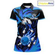 Load image into Gallery viewer, Black and blue flame eagle bowling team polo shirt for women.