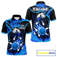 Load image into Gallery viewer, Black and blue flame eagle bowling team polo shirt for men.