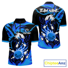 Load image into Gallery viewer, Black and blue flame eagle bowling quarter zip shirt for men.