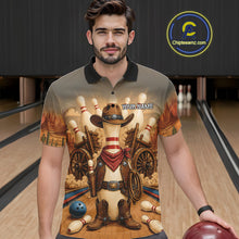 Load image into Gallery viewer, Man wearing funny cowboy bowling polo shirt front view.